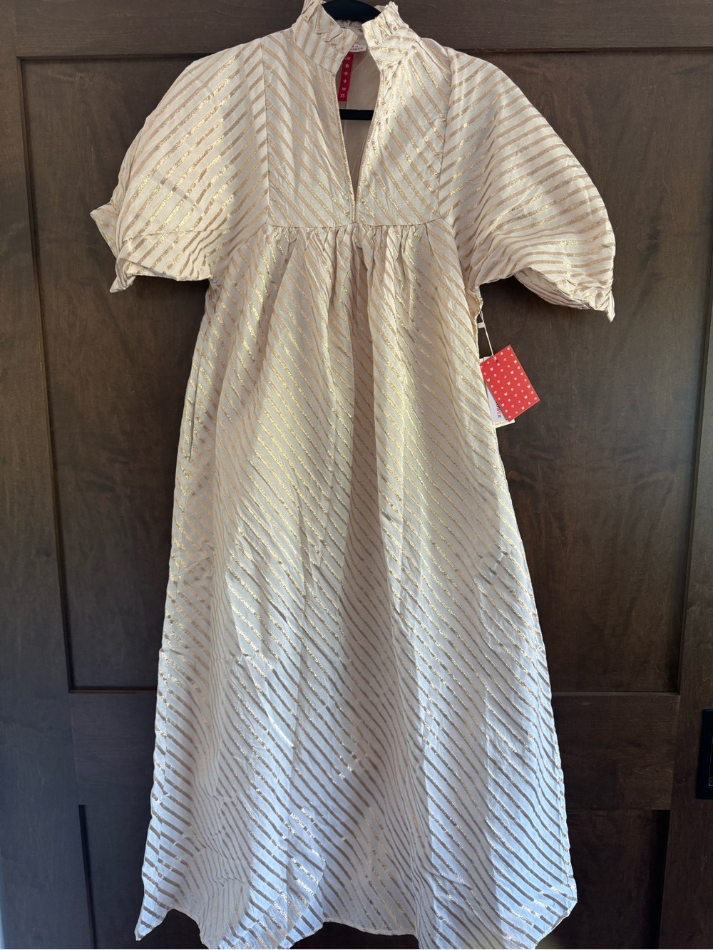 NWT Never A Wallflower Cream Gold Metallic Stripe Puff Sleeve Maxi Dress Cotton
